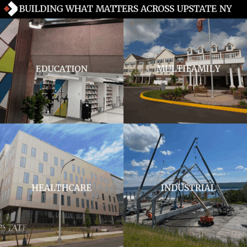 Collage showing Fahs Construction’s work across healthcare, education, multifamily, and industrial sectors in NY