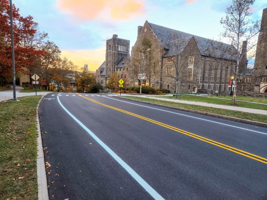 Cornell roadway expansion, paving, milling, marking. Ithaca, NY. Fahs Construction Group